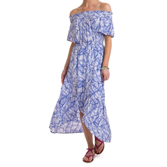 Vineyard Vines Size 2 Blue White Hi Lo Silk Maxi Dress Off The Shoulder - Picture 2 of 13